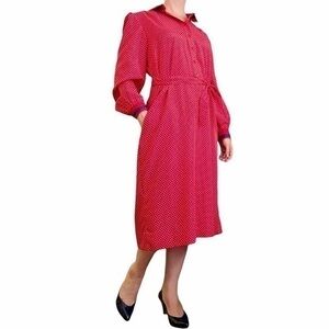 Vintage Abe Schrader Sport Red White Polka-Dot Blue Trim Belted Midi Shirt Dress